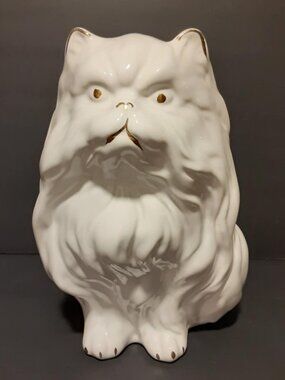 Vintage Cat Toilet Cleaning Brush Holder Ceramic White & Gold Bathroom MCM